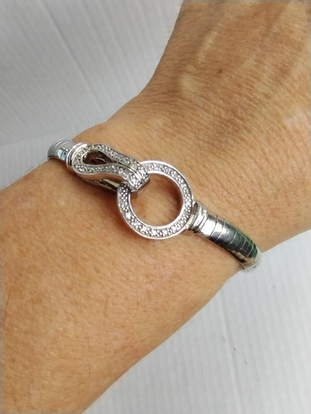 Elizabeth Adams Diamond Affinity Clasp Sterling 925 Omega Link Bracelet 7.25"